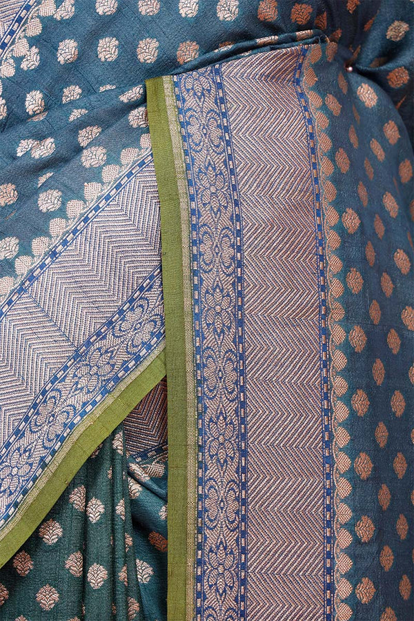 Blue Sage Tussar Khaddi Banarasi Saree with Gold Zari Ethnic Motifs