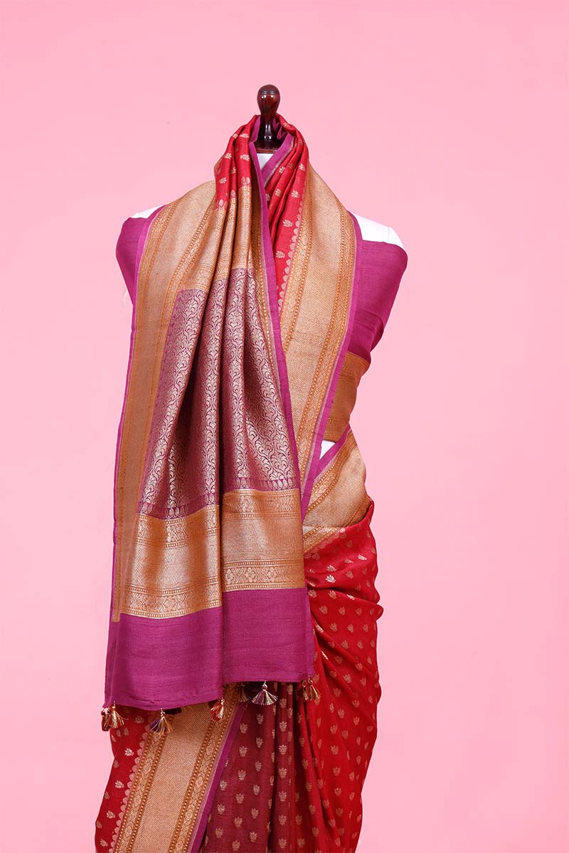 Rust Red Banarasi Tussar Khaddi Saree with Gold Zari Motifs