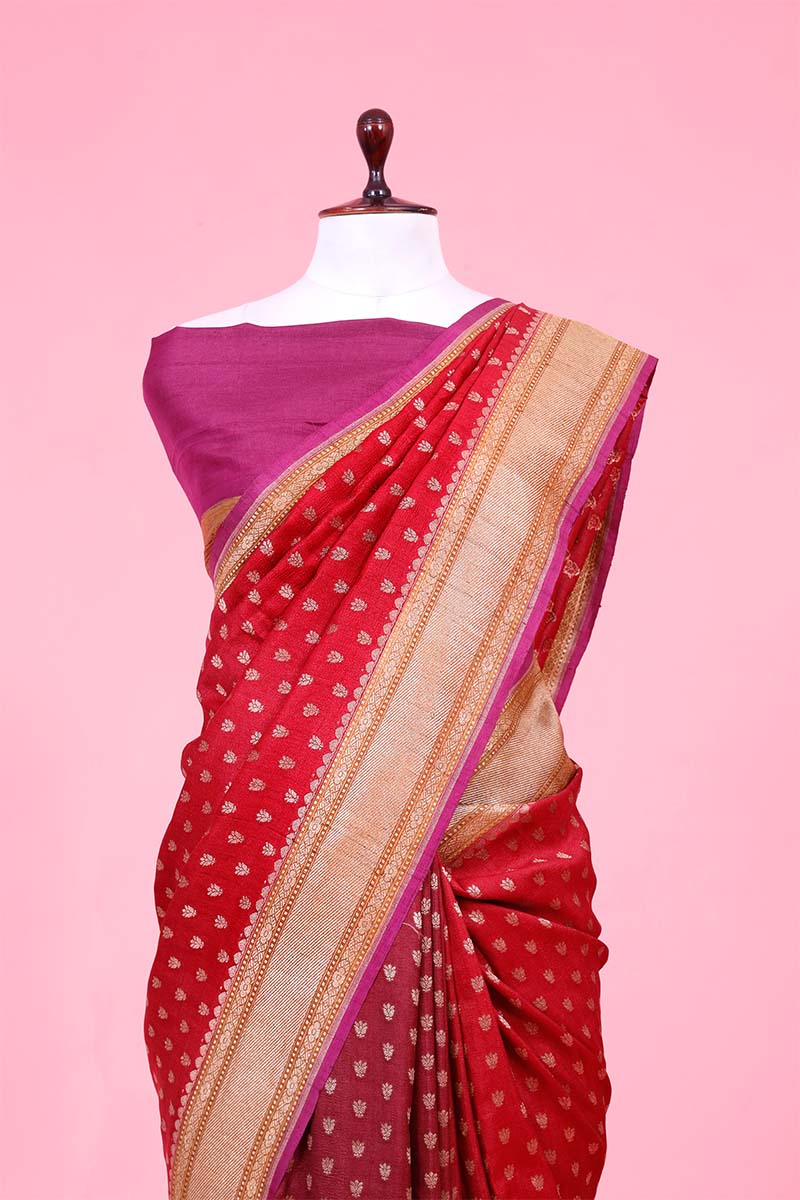 Rust Red Banarasi Tussar Khaddi Saree with Gold Zari Motifs