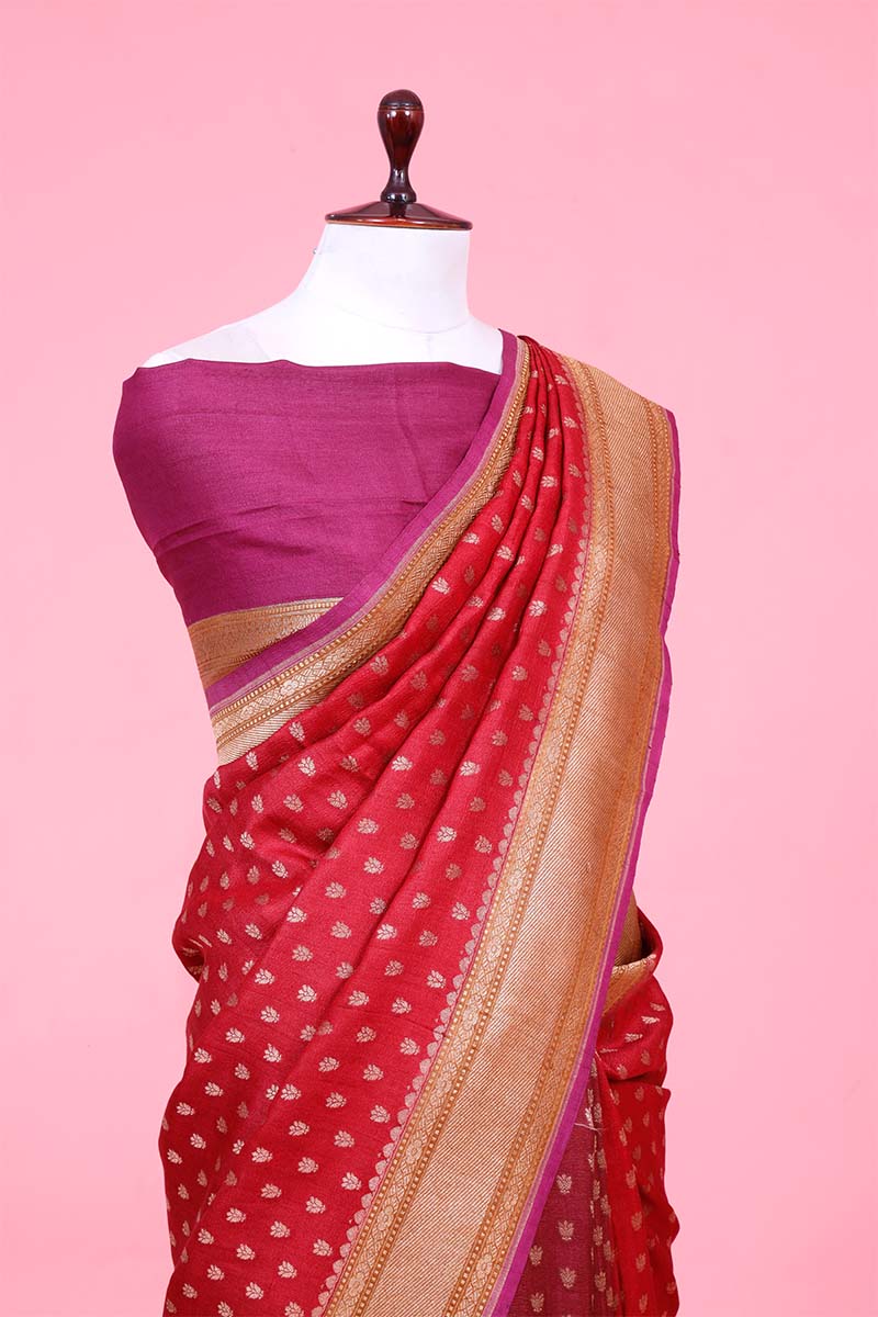 Rust Red Banarasi Tussar Khaddi Saree with Gold Zari Motifs