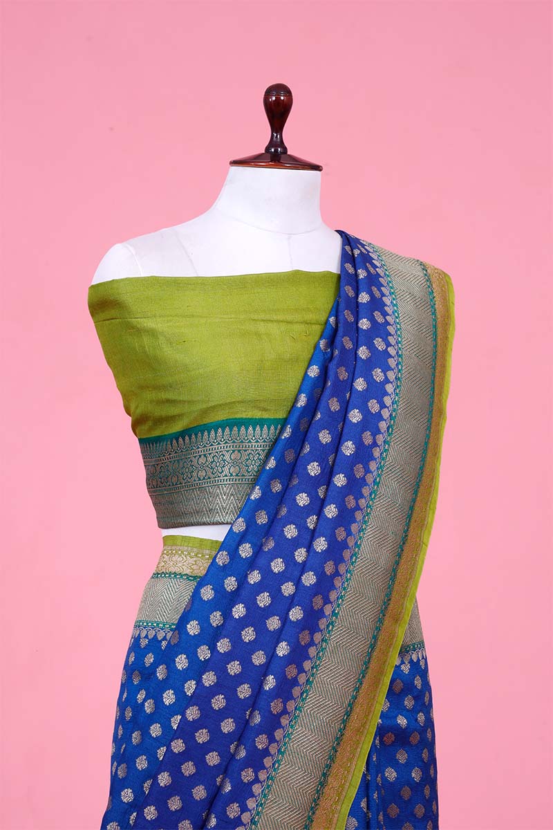 Royal Blue Banarasi Silk Tussar Khaddi Saree with Gold Zari Motifs