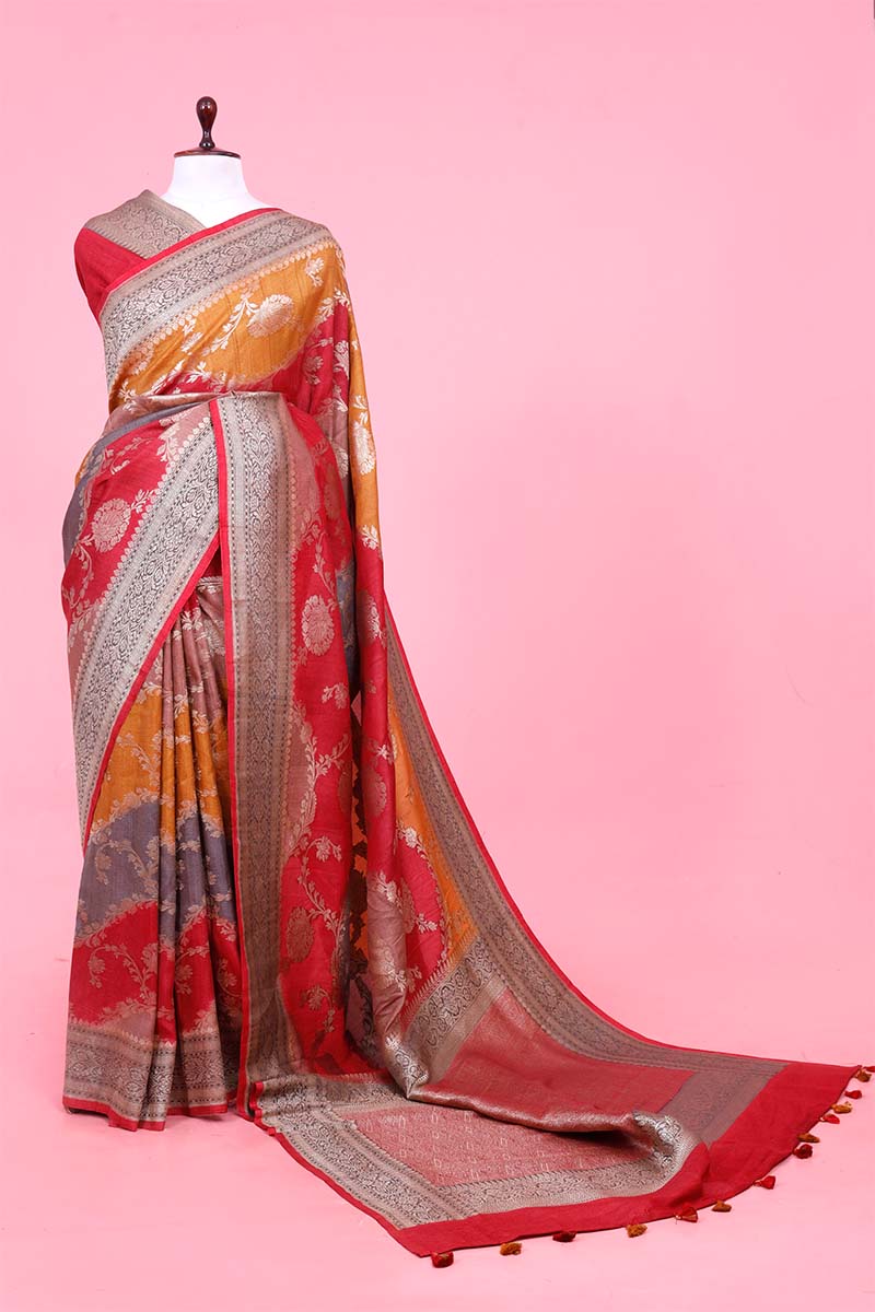 Red Saree, Rust Red Saree, saree, Tussar saree, Tussar Khaddi Saree, khaddi saree, silk saree, handloom saree, party wear saree