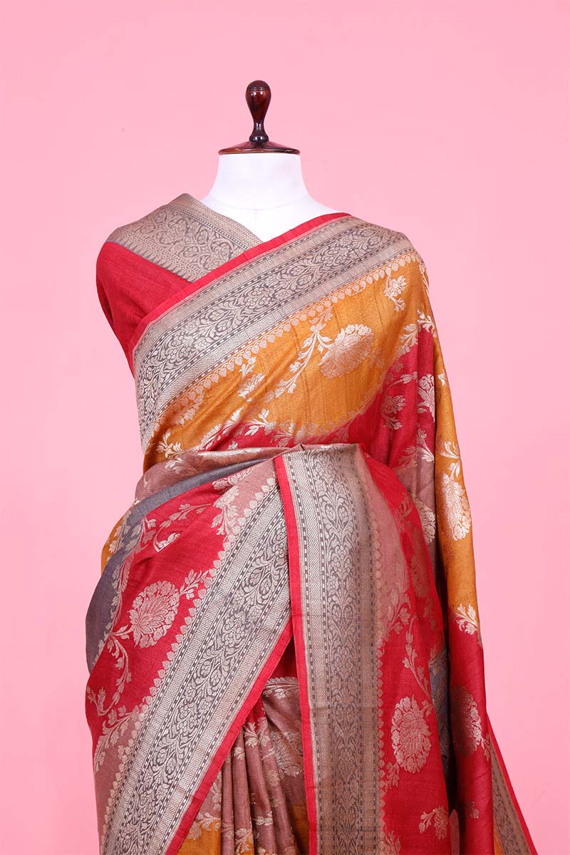 Red Banarasi Tussar Silk Saree with Rangkat Gold Zari Floral Work