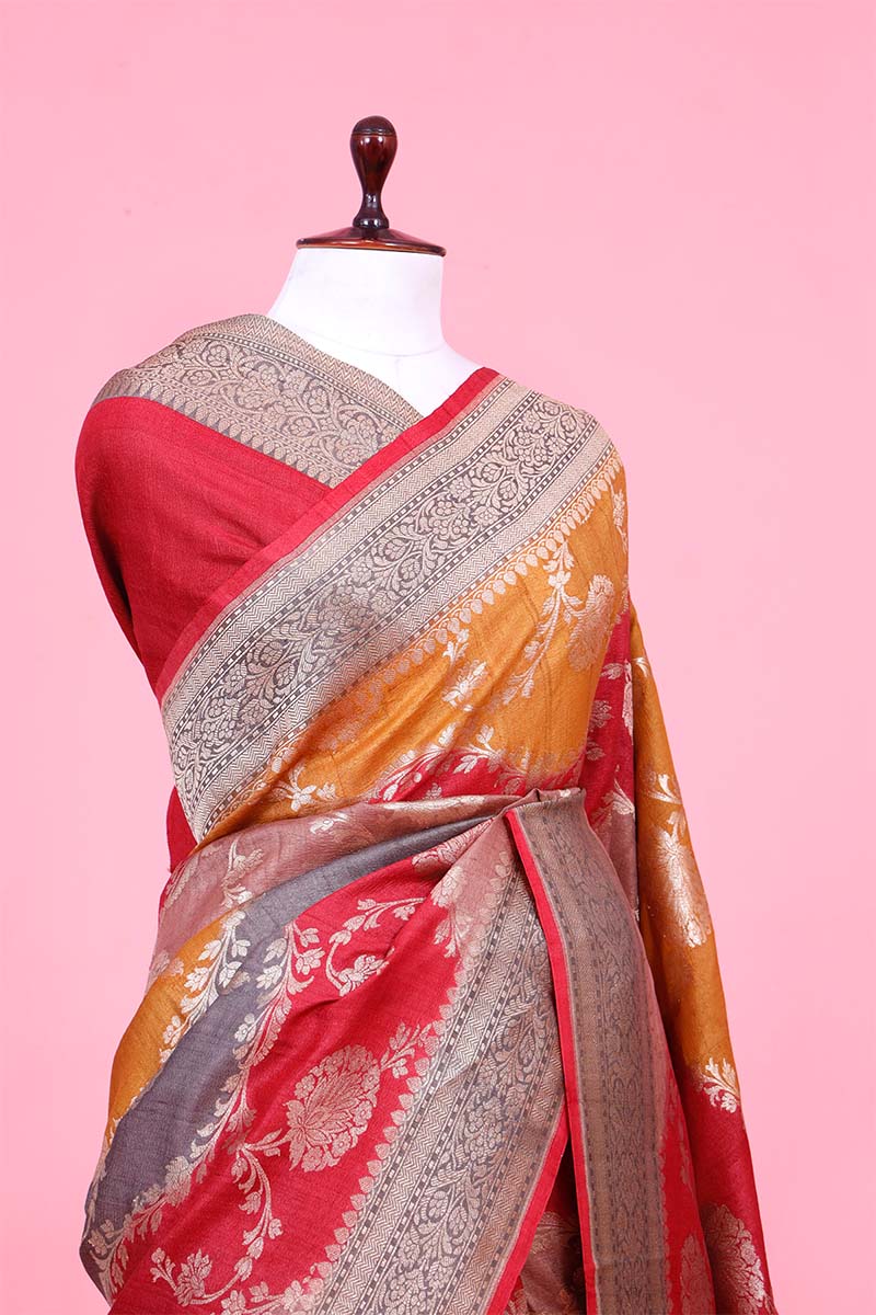 Red Banarasi Tussar Silk Saree with Rangkat Gold Zari Floral Work