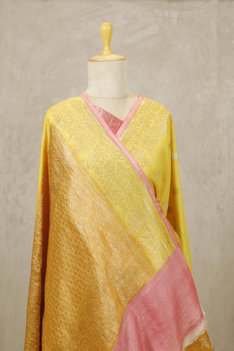 Yellow Banarasi Tussar Khaddi Silk Saree with Gold-Silver Zari Motifs