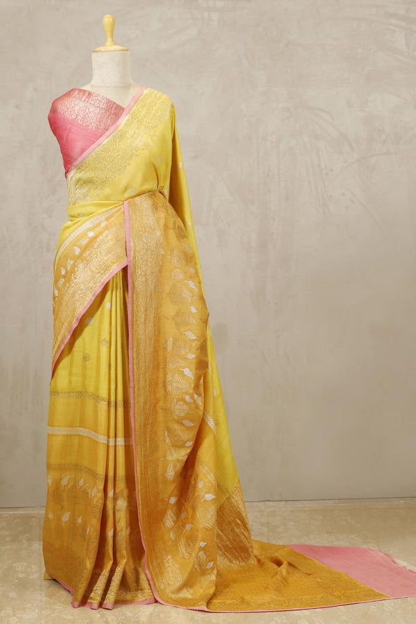 mustard yellow saree, Tussar silk saree, khaddi saree, Banarasi saree, party wear saree