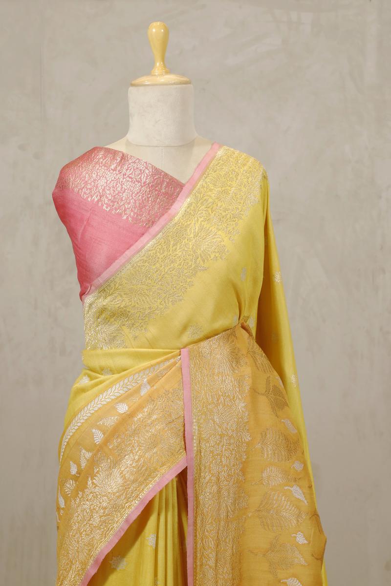 Yellow Banarasi Tussar Khaddi Silk Saree with Gold-Silver Zari Motifs