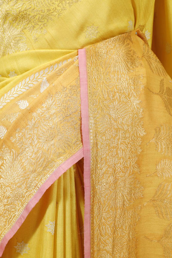 Yellow Banarasi Tussar Khaddi Silk Saree with Gold-Silver Zari Motifs