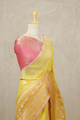 Yellow Banarasi Tussar Khaddi Silk Saree with Gold-Silver Zari Motifs