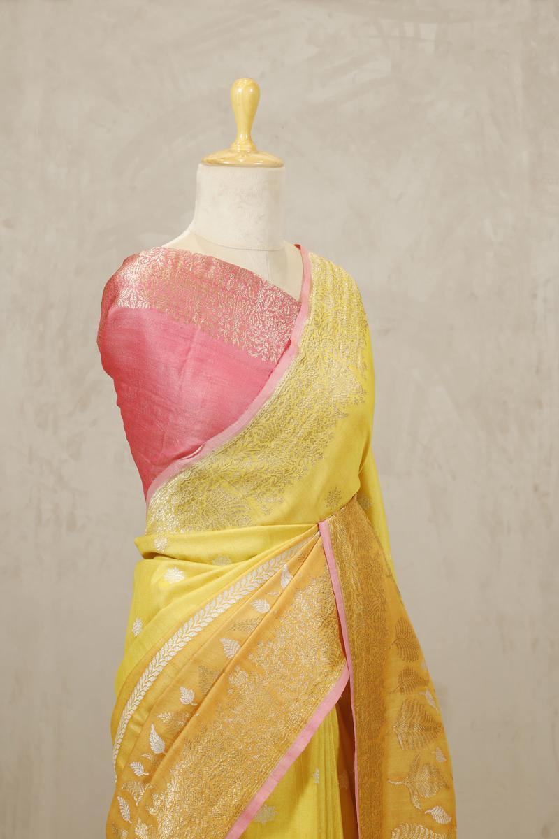 Yellow Banarasi Tussar Khaddi Silk Saree with Gold-Silver Zari Motifs