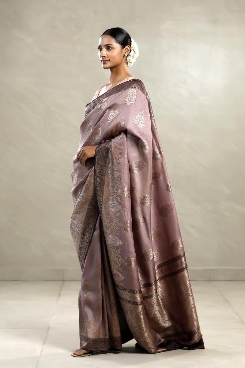 Mauve Tussar Khaddi Silk Saree with Handbrush Antique Zari Work