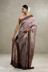 Mauve Tussar Khaddi Silk Saree with Handbrush Antique Zari Work