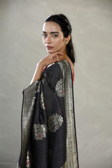 Black  Tussar Khaddi Silk Saree with Meenakari And Paisley Border