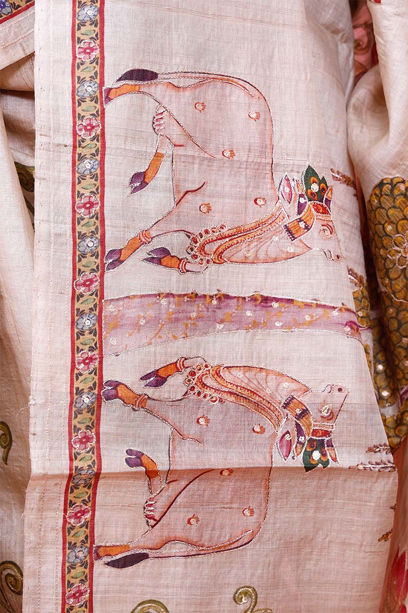 Beige Tussar Banarasi Silk Saree with Aari Pichwai Motifs