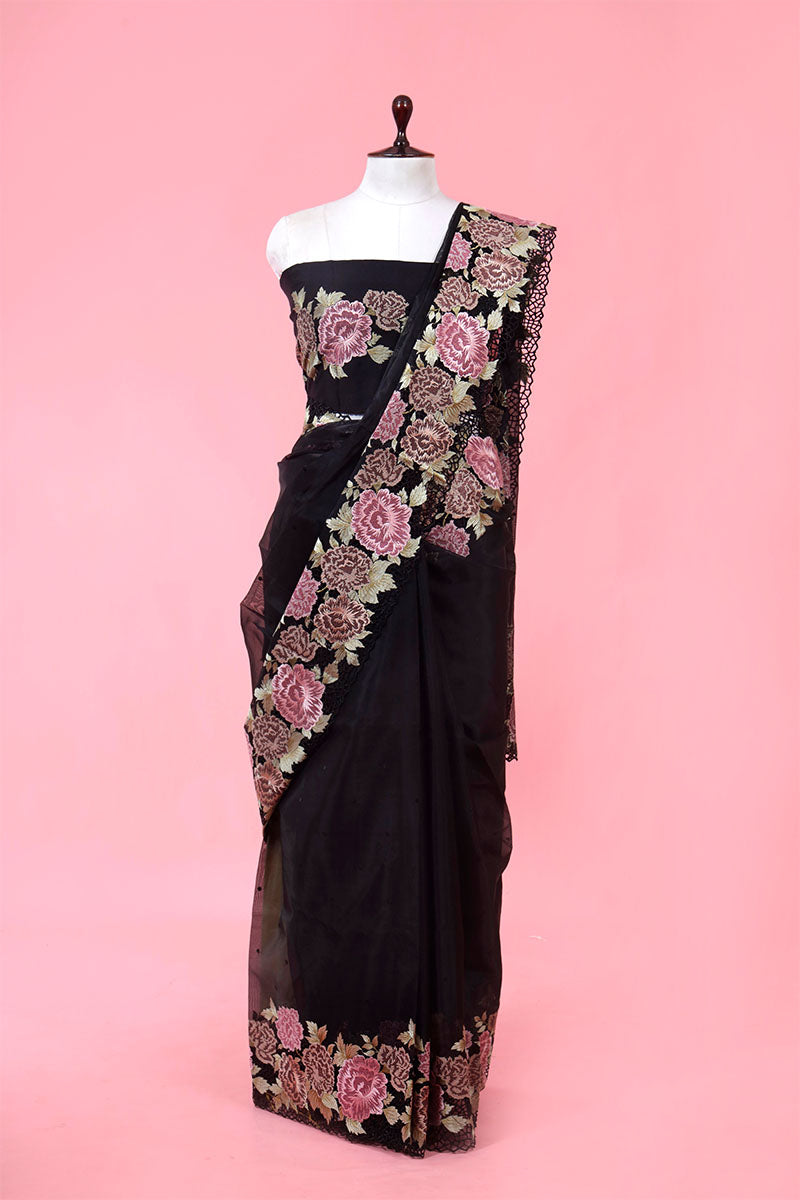 Black Embroidered Organza Silk Sarees