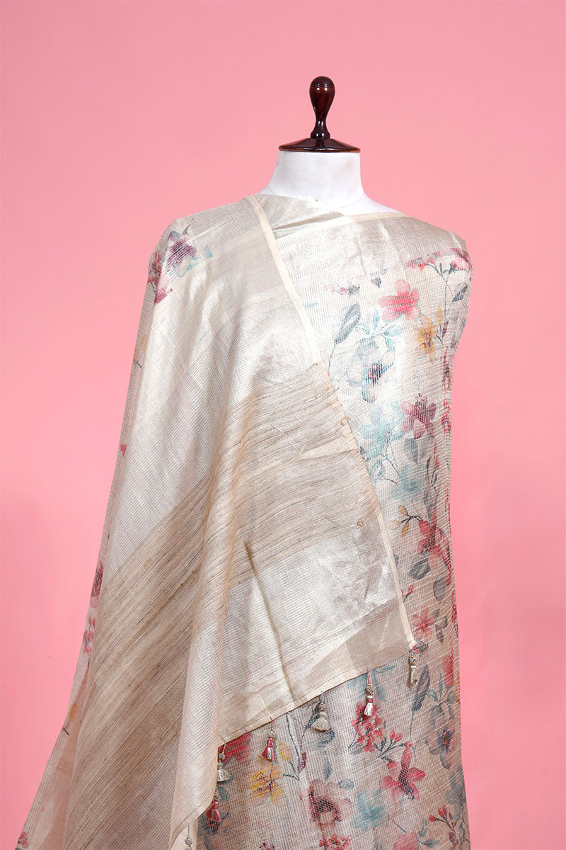 Grey Floral Printed Tussar Tissue Saree