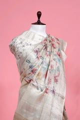 Grey Floral Printed Tussar Tissue Saree