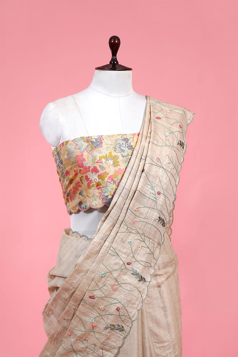 Beige Floral Embroidered Tussar Silk Saree