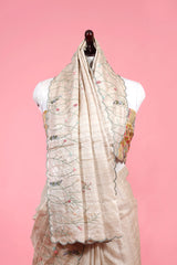 Beige Floral Embroidered Tussar Silk Saree