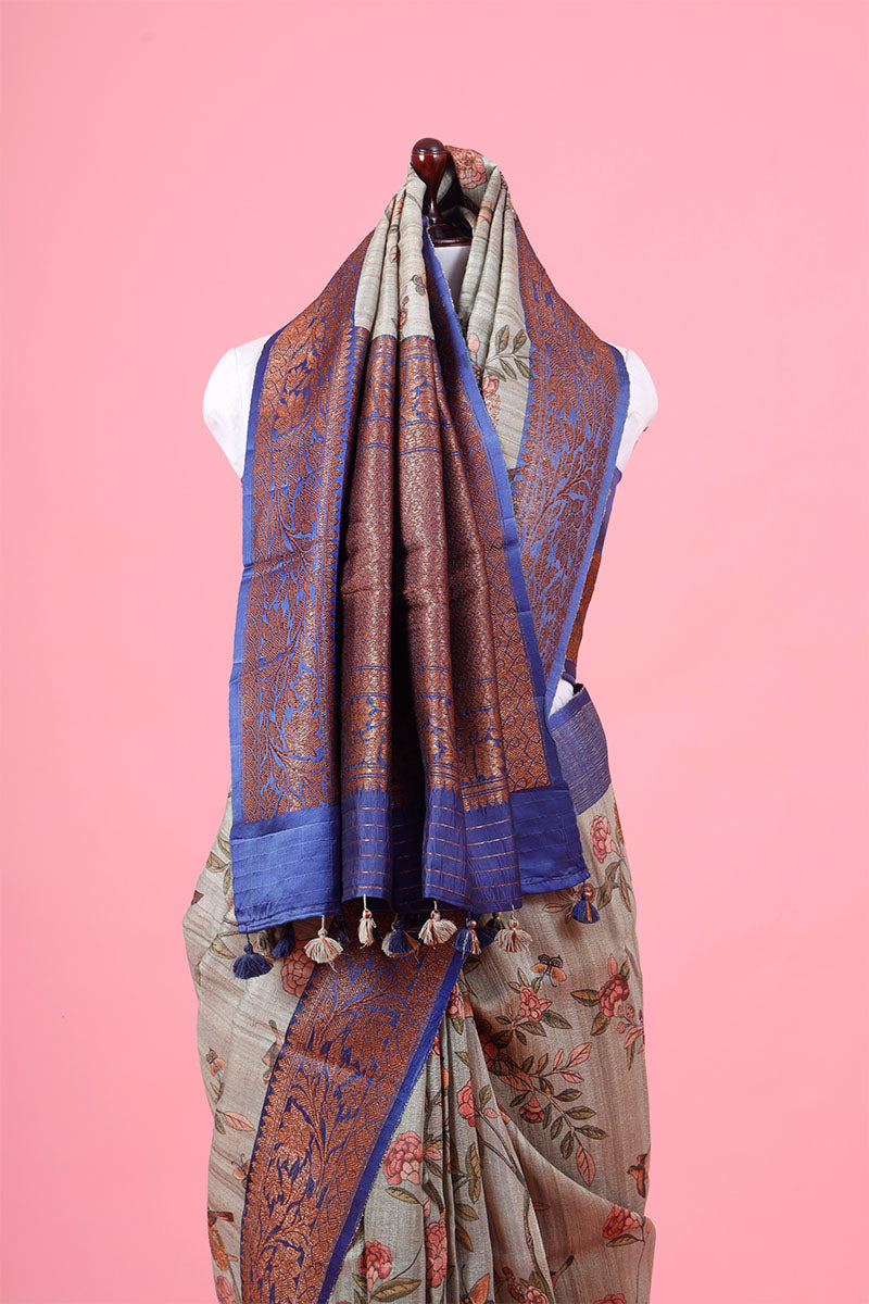 Grey Floral Printed Handloom Tussar Silk Saree