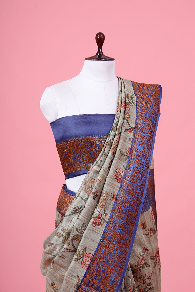 Grey Floral Printed Handloom Tussar Silk Saree