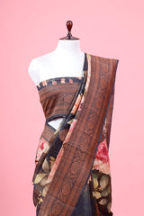 Black Floral Printed Handloom Tussar Silk Saree