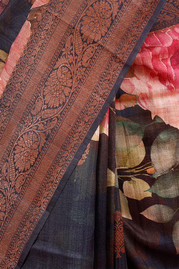 Black Floral Printed Handloom Tussar Silk Saree