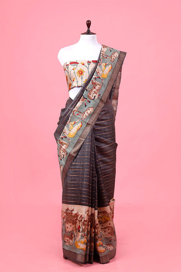 grey saree, Tussar silk saree, handloom saree, party wear saree