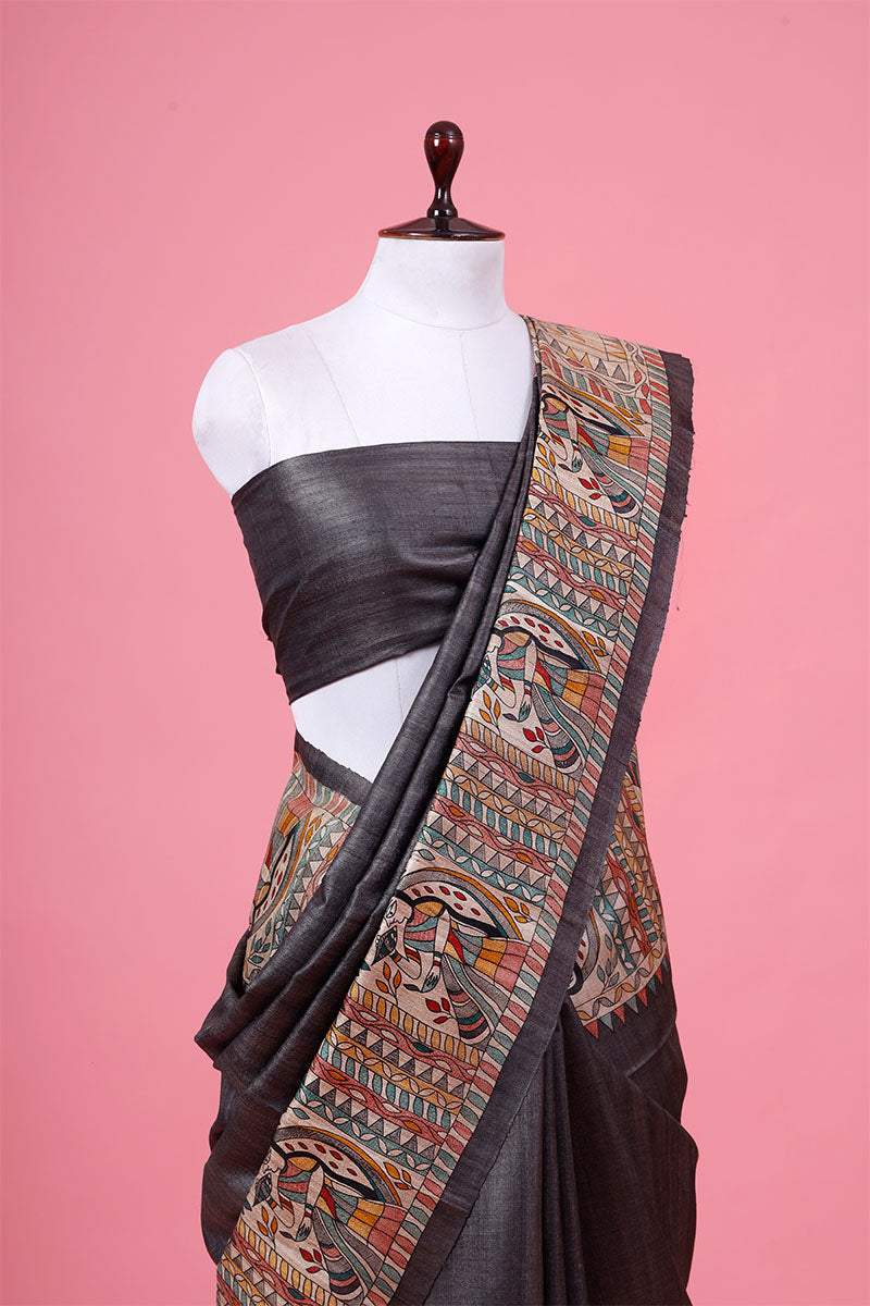 Charcoal Grey Kalamkari Printed Tussar Silk Saree