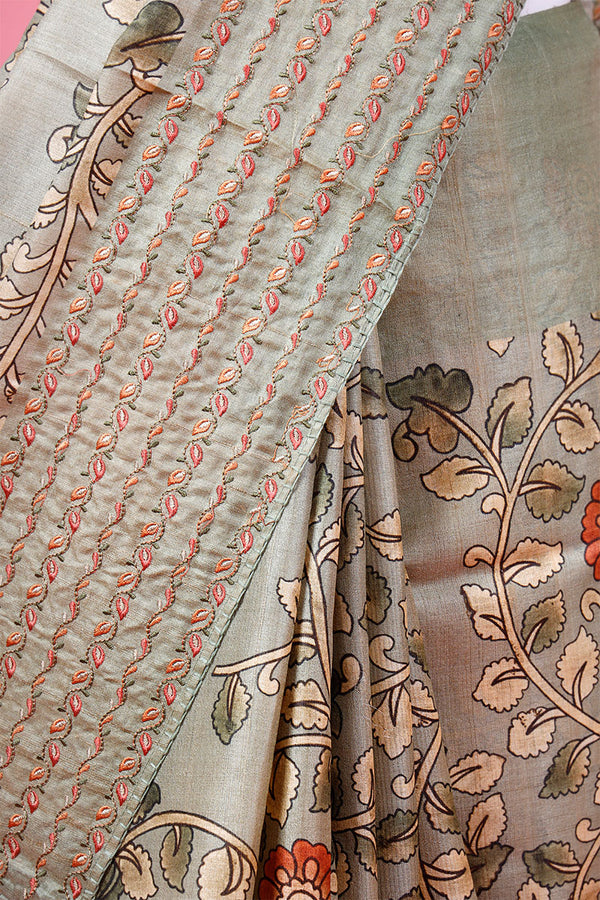 Sage Green Floral Embroidered Tussar Silk Saree