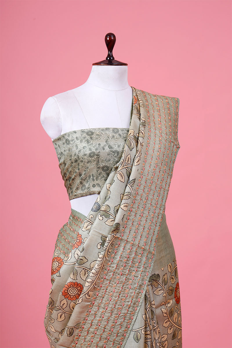 Sage Green Floral Embroidered Tussar Silk Saree