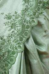 Mint Green Floral Embroidered Tussar Silk Saree