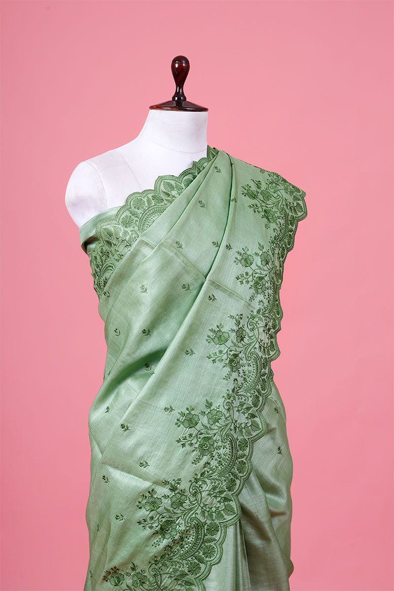 Mint Green Floral Embroidered Tussar Silk Saree