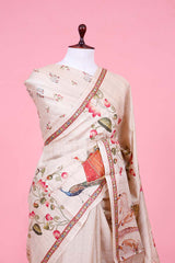 Beige Tussar Banarasi Silk Saree with Aari Pichwai Motifs