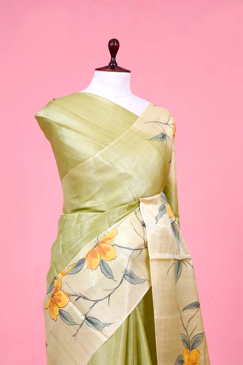 Pista Green Banarasi Tussar Silk Saree with Hand-Painted Floral Motifs