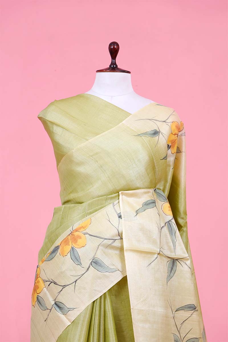 Pista Green Banarasi Tussar Silk Saree with Hand-Painted Floral Motifs