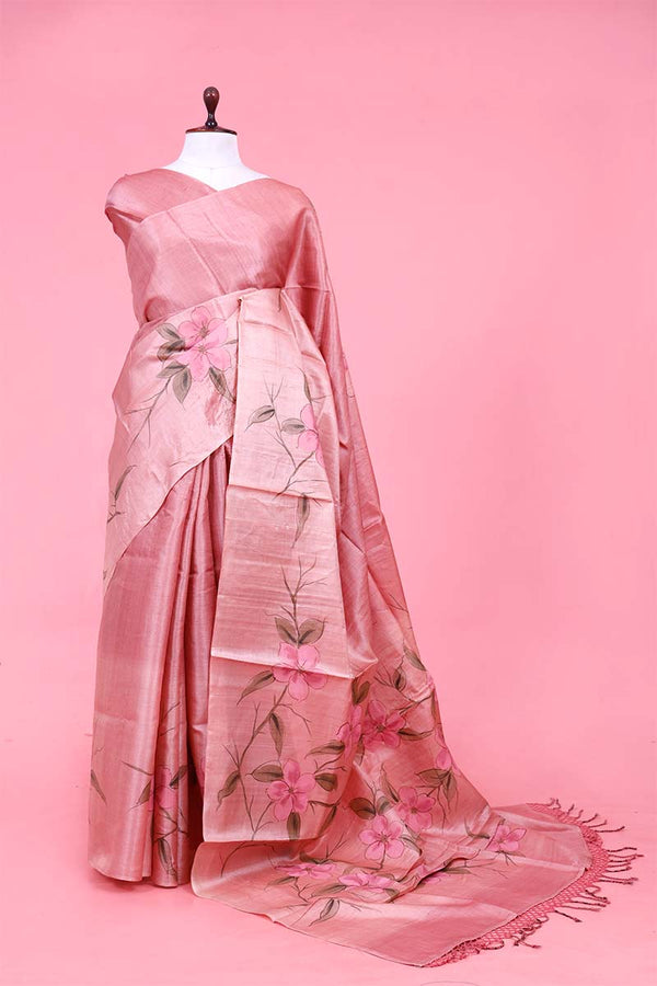 pink saree, Tussar silk saree, handloom saree, party wear saree