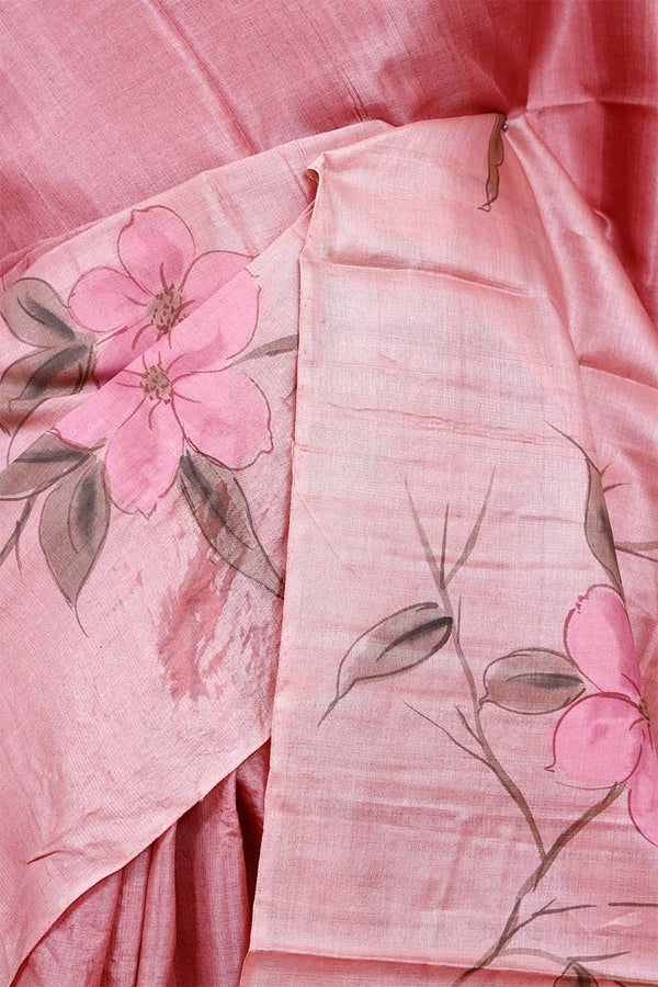 Pink Banarasi Tussar Silk Saree with Hand-Painted Floral Motifs