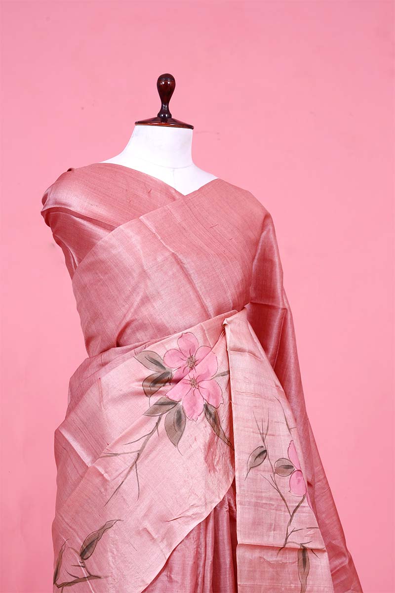 Pink Banarasi Tussar Silk Saree with Hand-Painted Floral Motifs