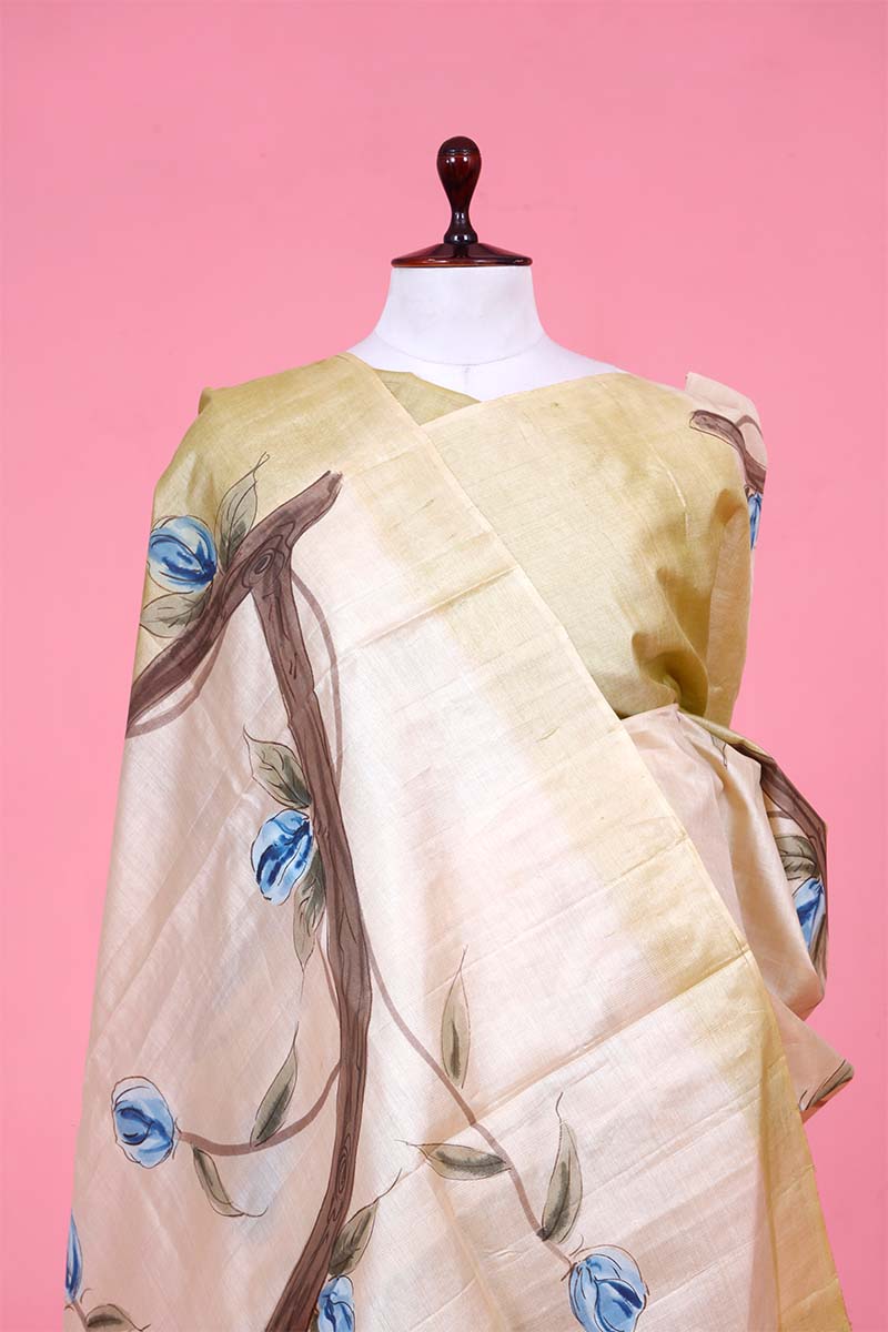 Green Banarasi Tussar Silk Saree with Hand-Painted Floral Motifs