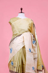 Green Banarasi Tussar Silk Saree with Hand-Painted Floral Motifs