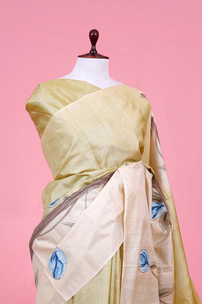 Green Banarasi Tussar Silk Saree with Hand-Painted Floral Motifs