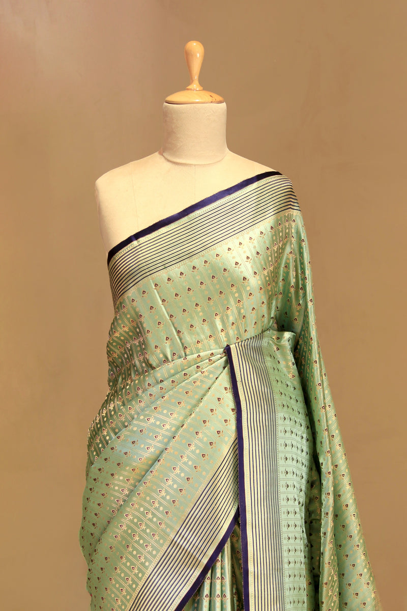 Sage Green Banarasi Satin Silk Saree with Meenakari Motifs