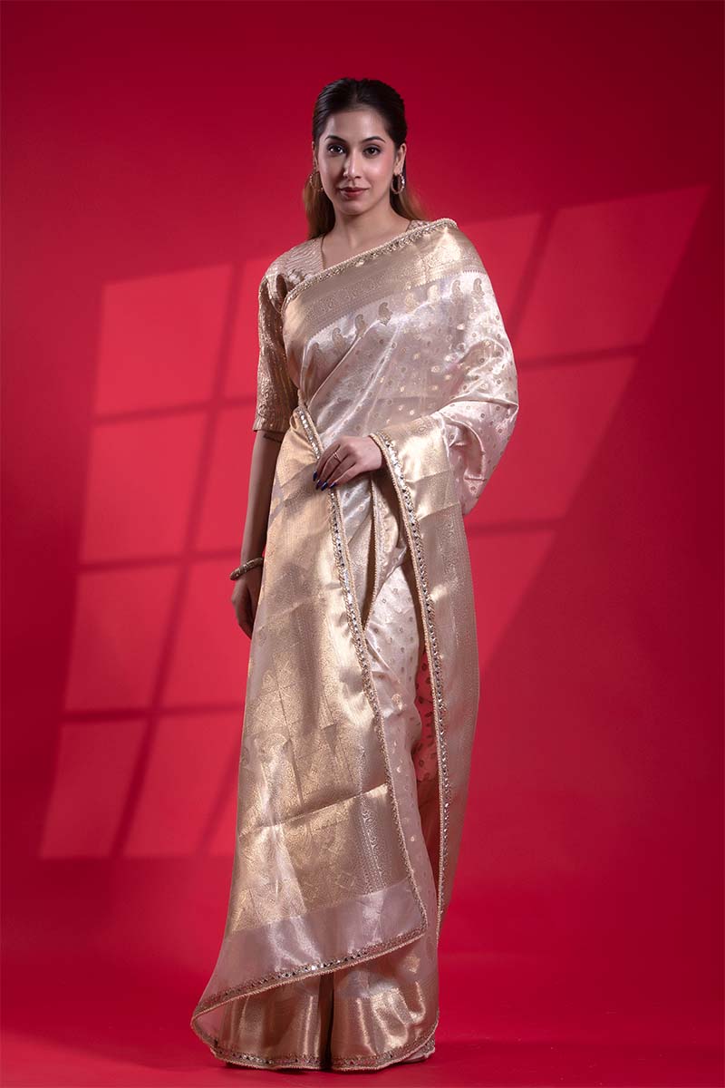 Off-White Tissue Silk Saree with Gold Zari Paisley Pallu