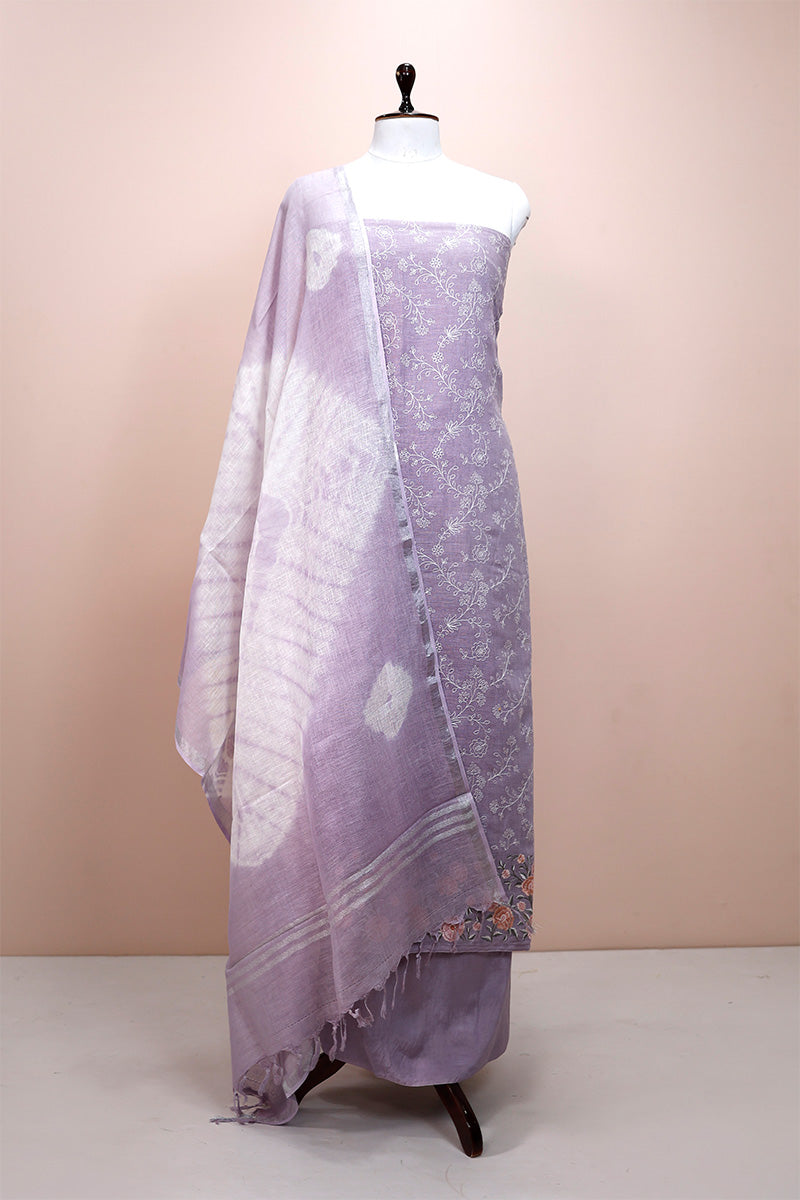 Heather Purple Embroidered Linen Dress Material - Chinaya Banaras