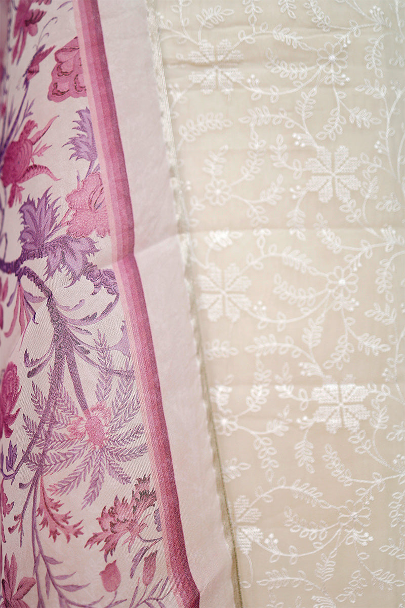 Warm Purple & White Embroidered Organza Silk Dress Material - Chinaya Banaras