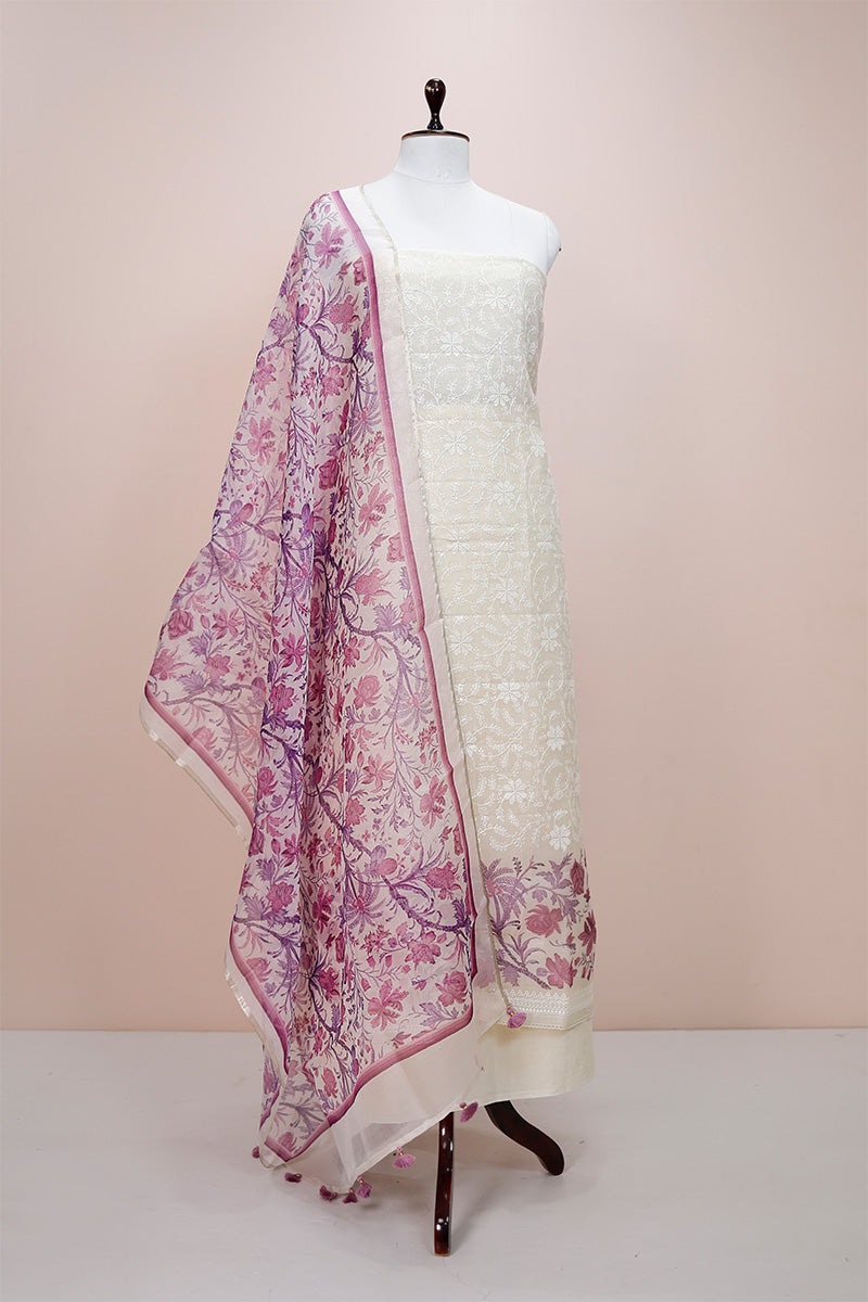 Warm Purple & White Embroidered Organza Silk Dress Material - Chinaya Banaras
