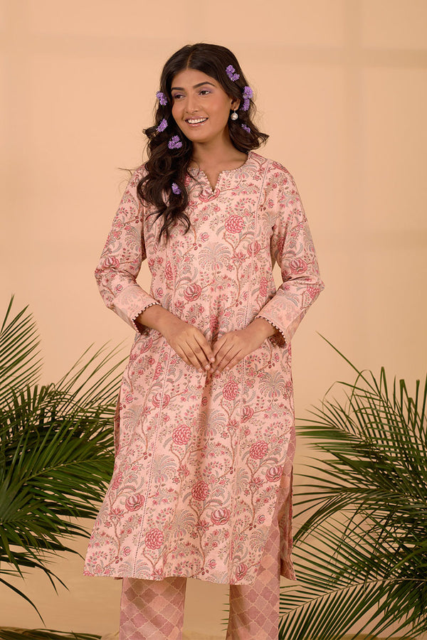 Blush Pink Floral Jaal Printed Cotton Kurta Set - Chinaya Banaras