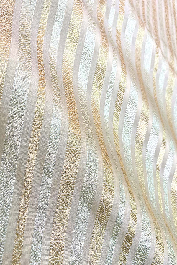 Beige Striped Woven Banarasi Silk Fabric,  banarasi fabric, silk fabric, brocade fabric, handloom fabric, indian fabric