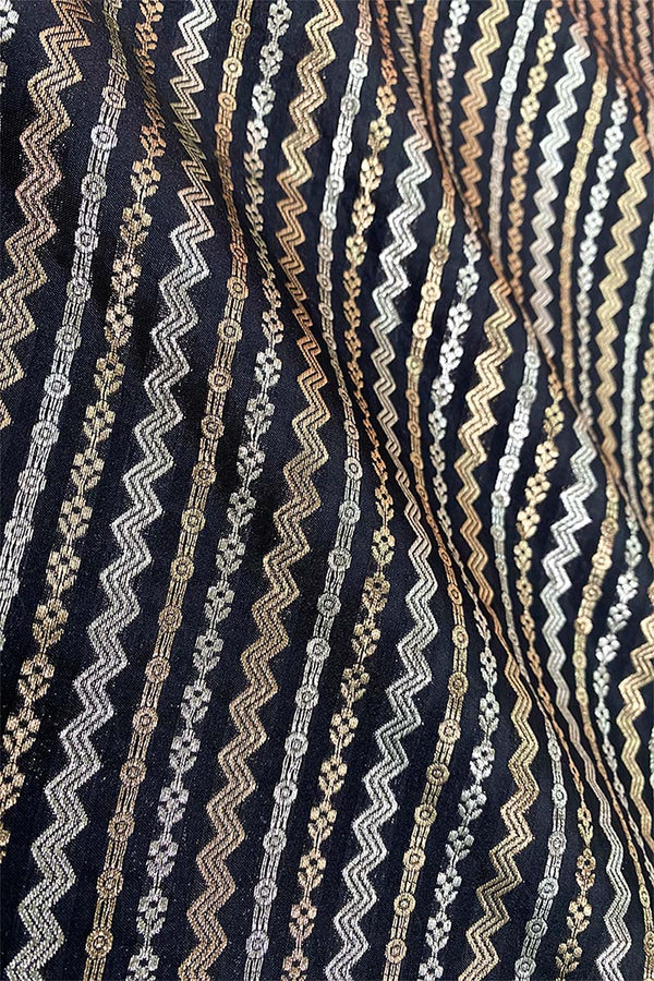 Deep Black Striped Woven Banarasi Silk Fabric,  banarasi fabric, silk fabric, brocade fabric, handloom fabric, indian fabric